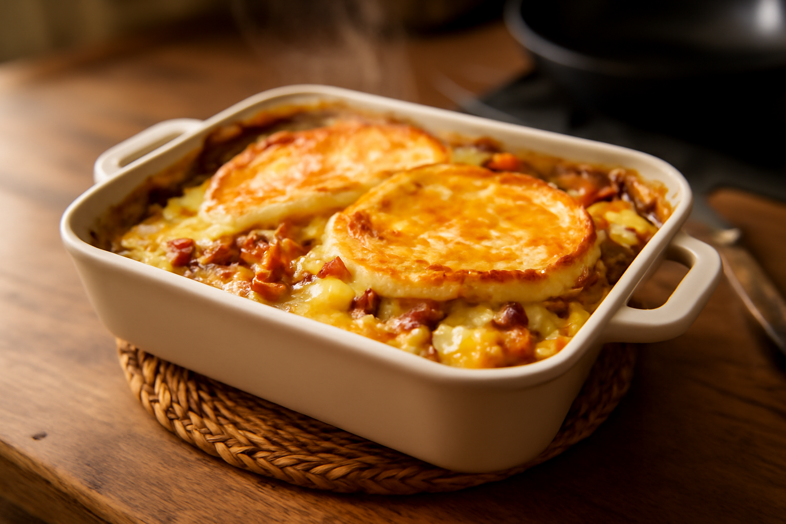 Reblochon fondu sur une reblochonnade savoyarde dans un plat à gratin