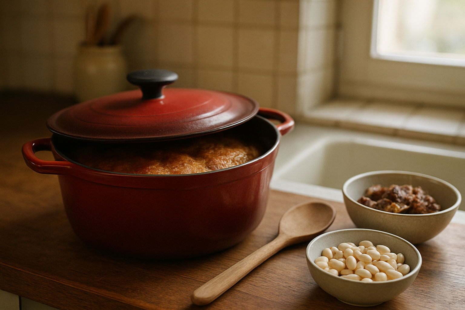 Cassoulet de Toulouse en cocotte avec croûte dorée et couches de haricots