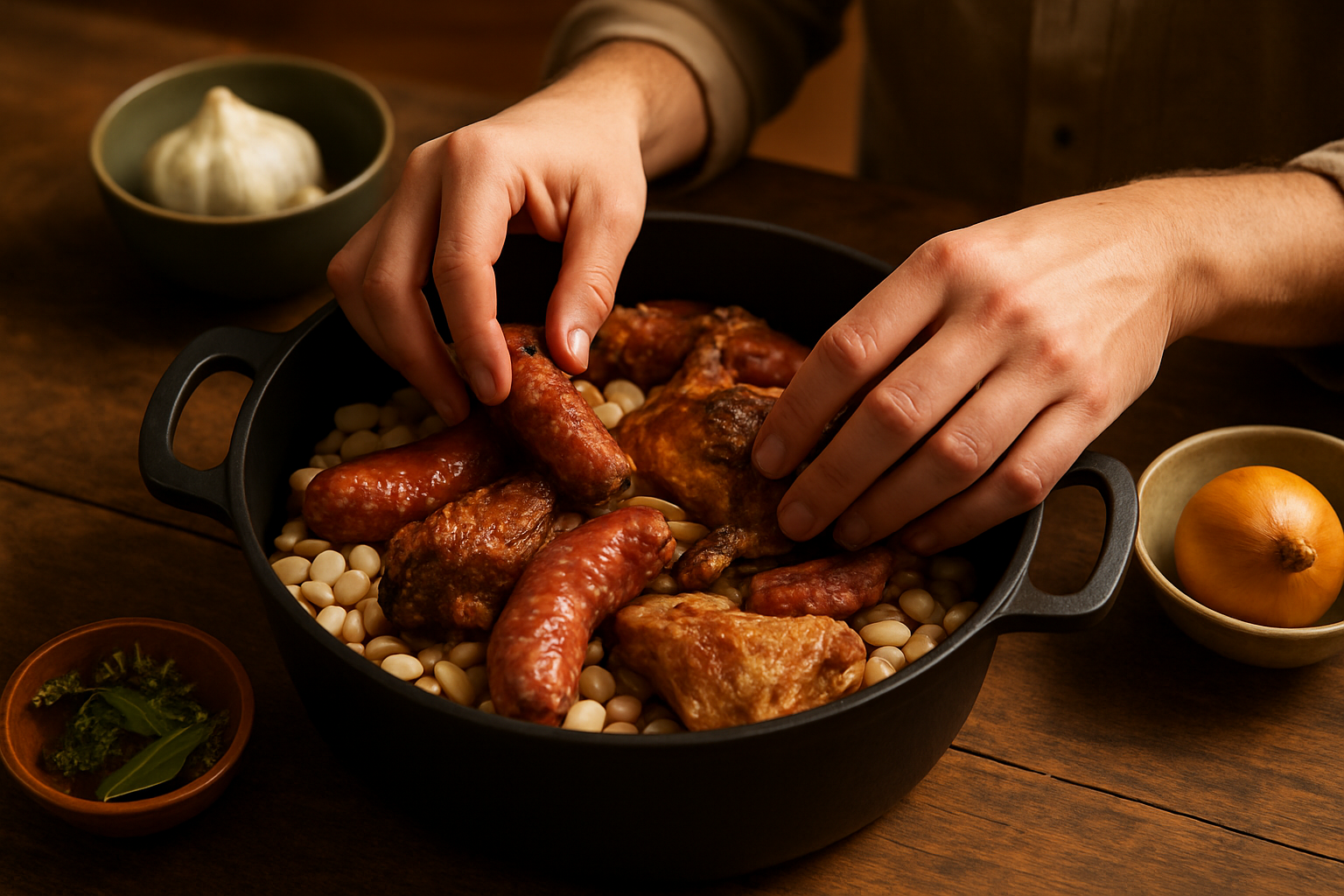 Montage en couches d'un cassoulet de Toulouse avec haricots, confit et saucisse