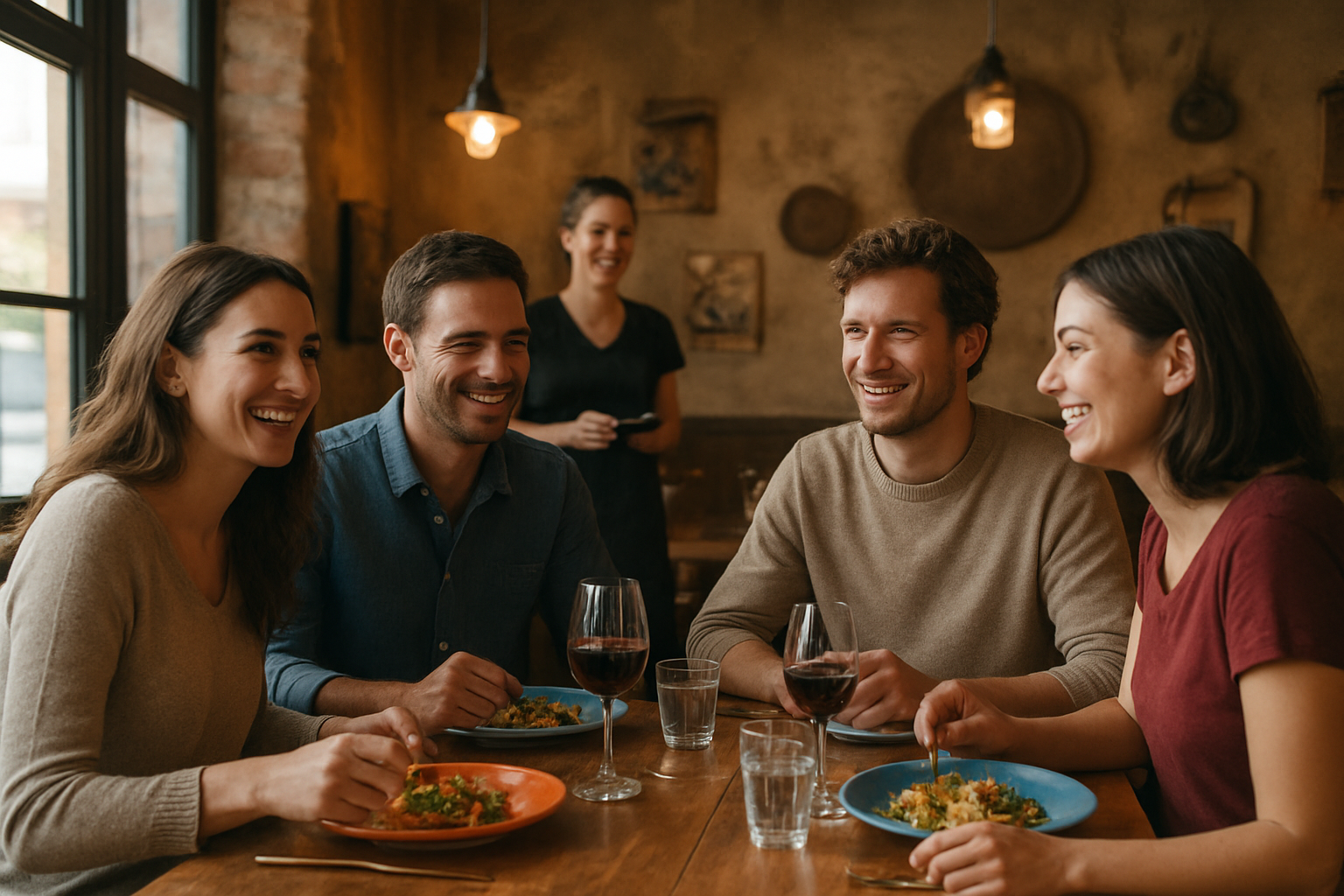 Salle d’un restaurant à thème à Toulouse, décor soigné et convives souriants autour de plats
