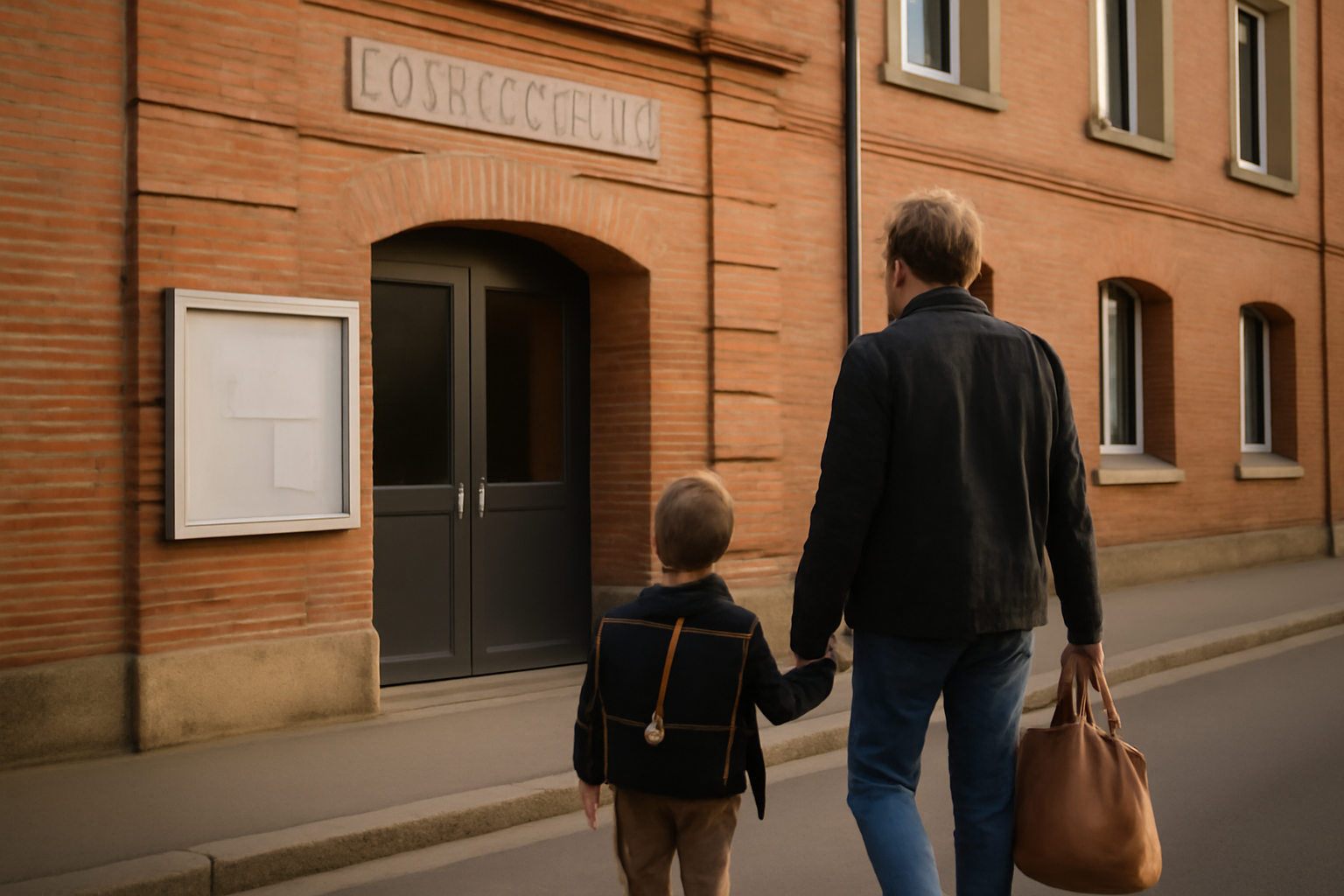 Façade d’une école élémentaire Simone Veil à Toulouse, entrée et panneau d’informations, lumière de matin
