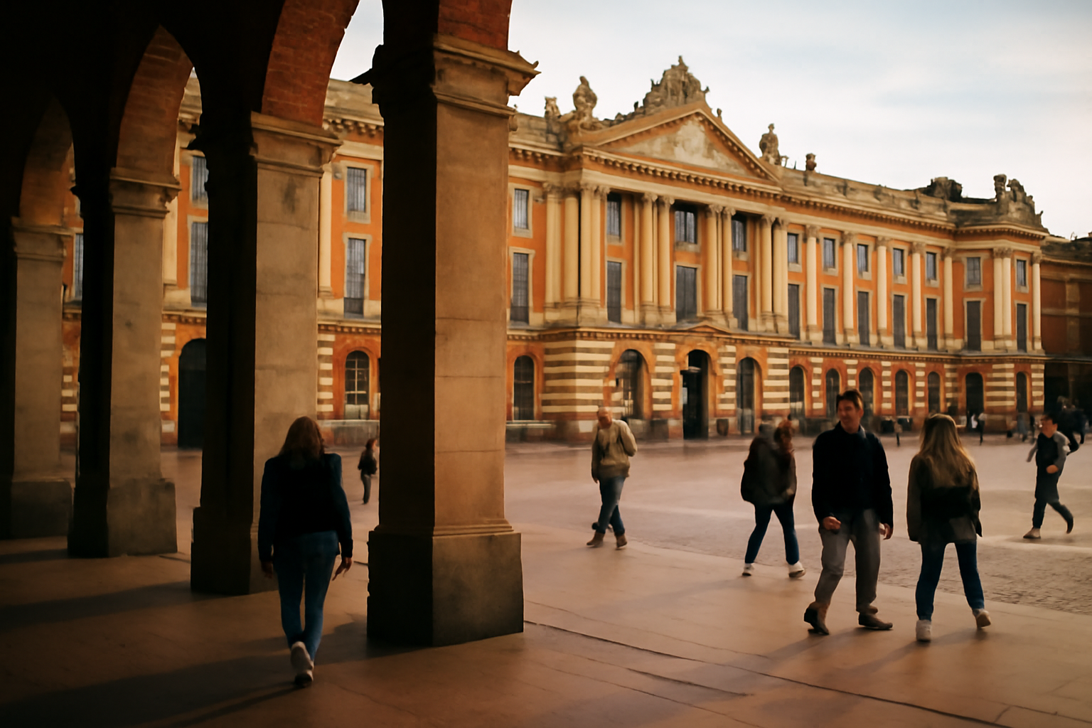 La place du Capitole à Toulouse, façade et arcades au soleil, avec des passants