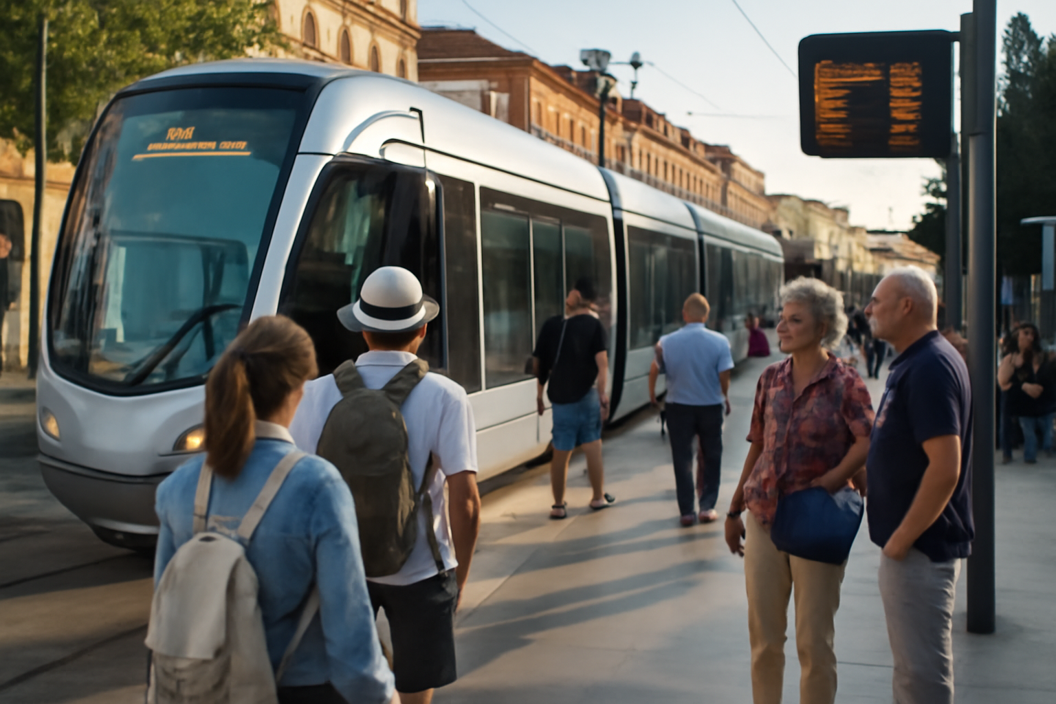 Tramway T1 à Toulouse avec affichage des prochains départs sur un arrêt du centre-ville