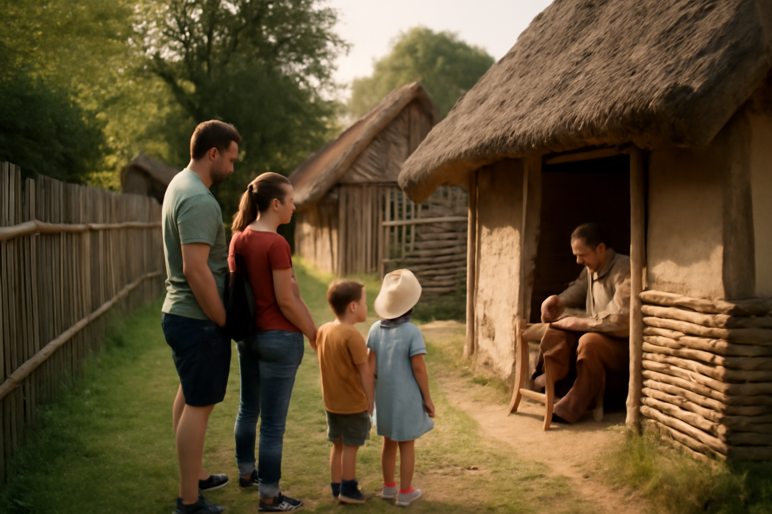 Village gaulois à Rieux-Volvestre, reconstitution en pleine nature, visiteurs en tenue adaptée