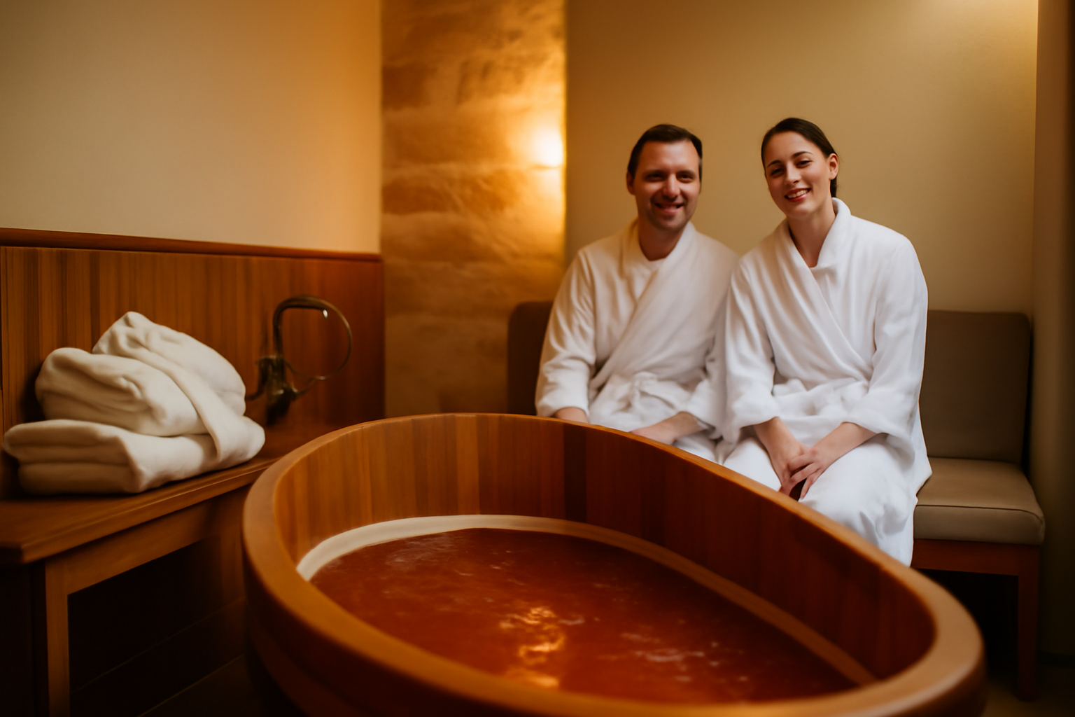Cabine privée d’un wine beer spa à Bordeaux, bain chaud au vin et à la bière, lumière tamisée