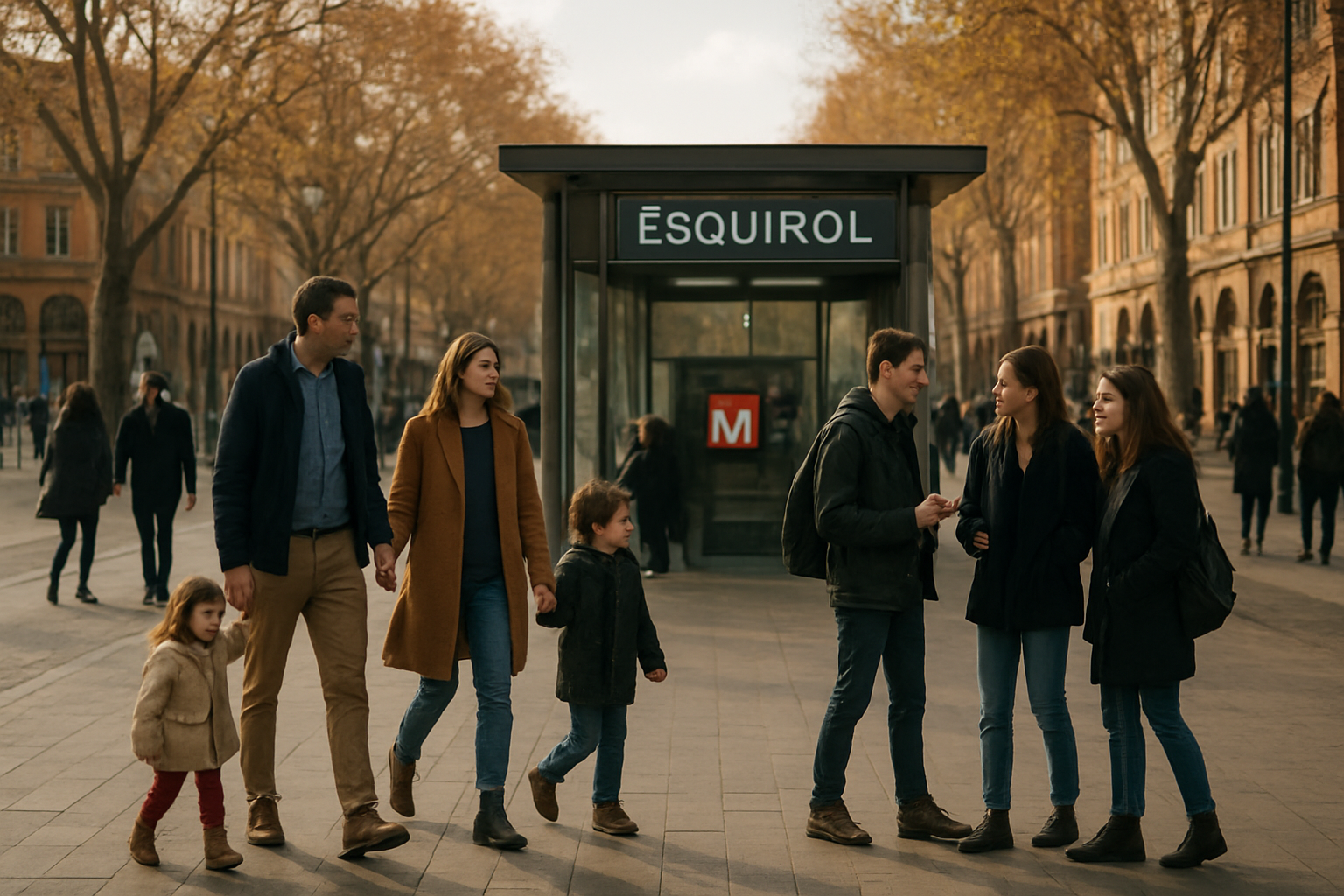 Place Esquirol à Toulouse avec la station de métro et des piétons au premier plan, lumière d’après-midi