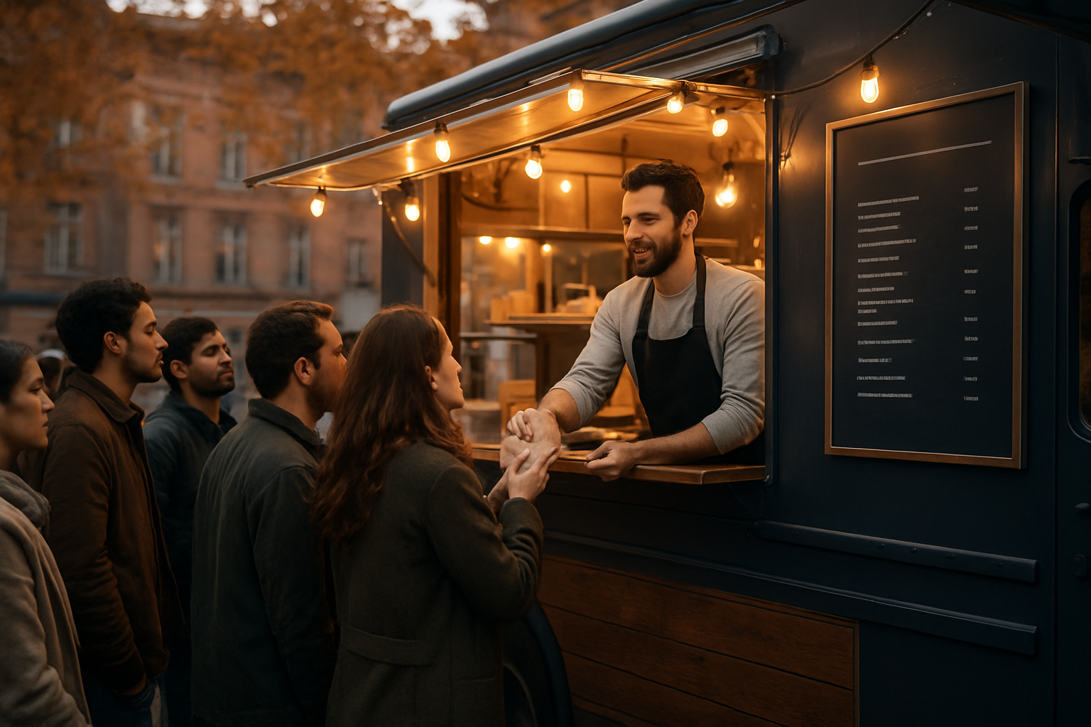 Food truck original sur un événement à Toulouse, clients en file et visuels du menu