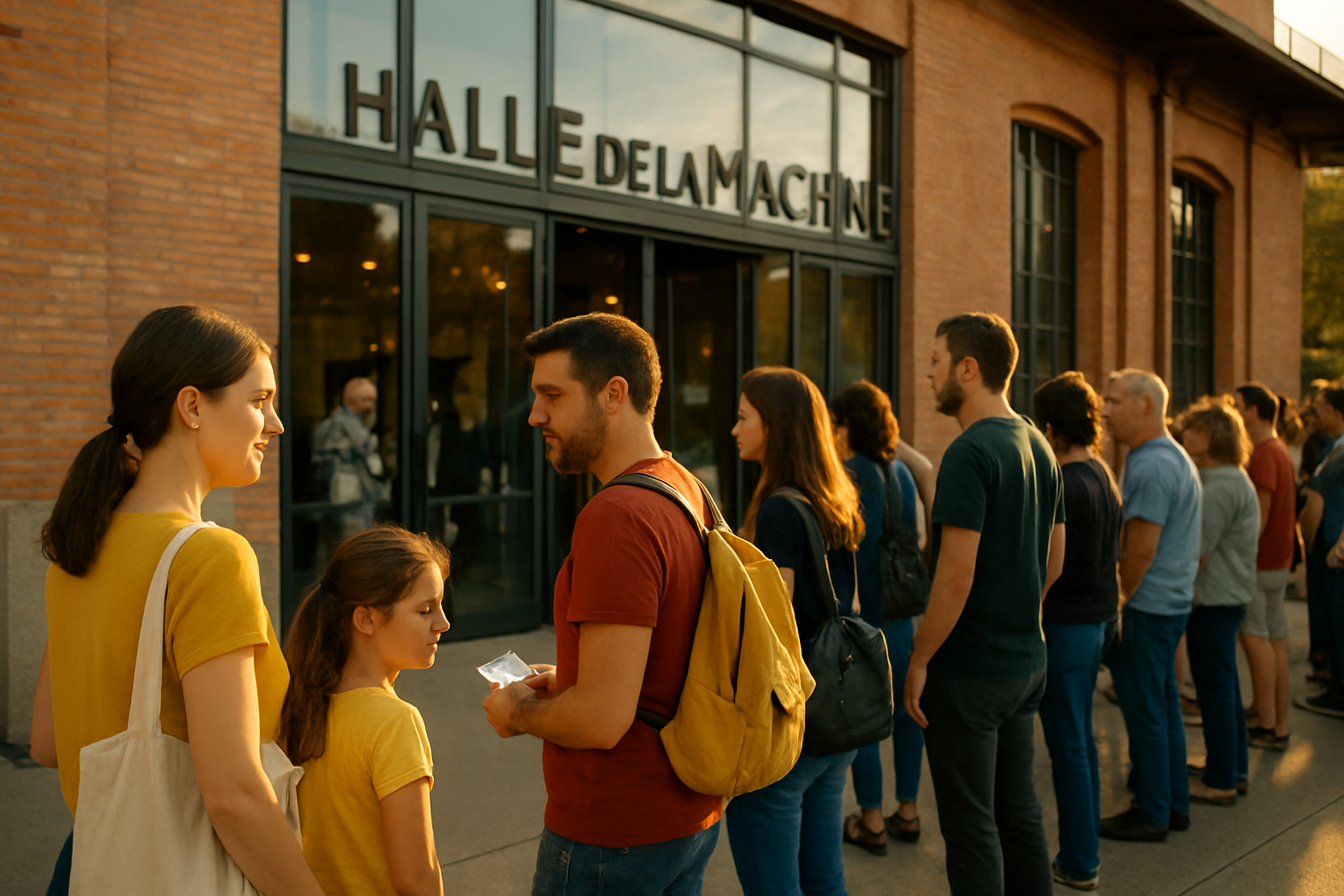 Halle de La Machine à Toulouse avec visiteurs attendant l’entrée d’un spectacle