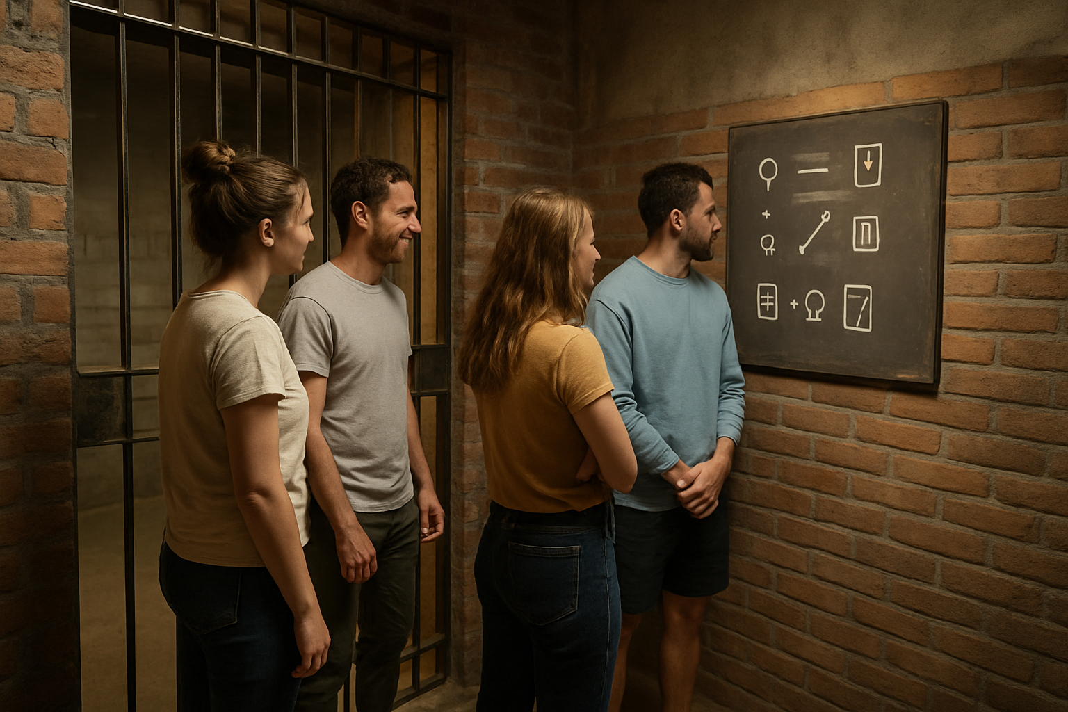Visiteurs à Prison Island Montaudran à Toulouse, en intérieur, portant des tenues confortables près des cellules