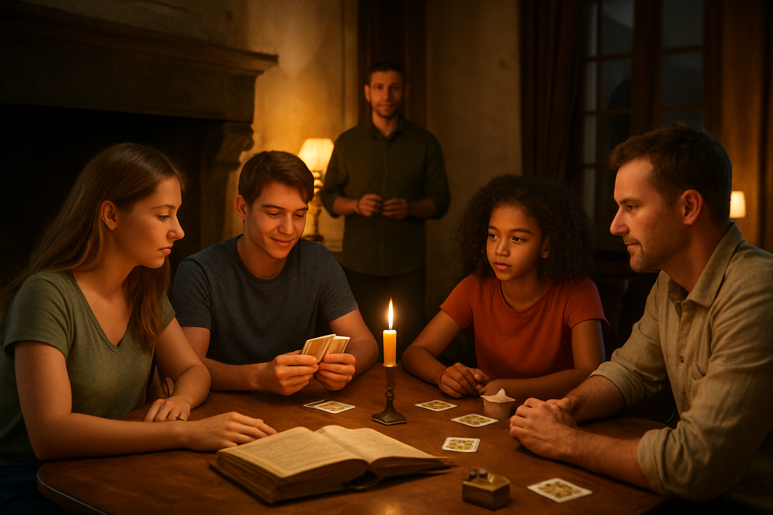 Groupe jouant à un escape game immersif dans un manoir à Toulouse, ambiance lumineuse et énigmes sur une table