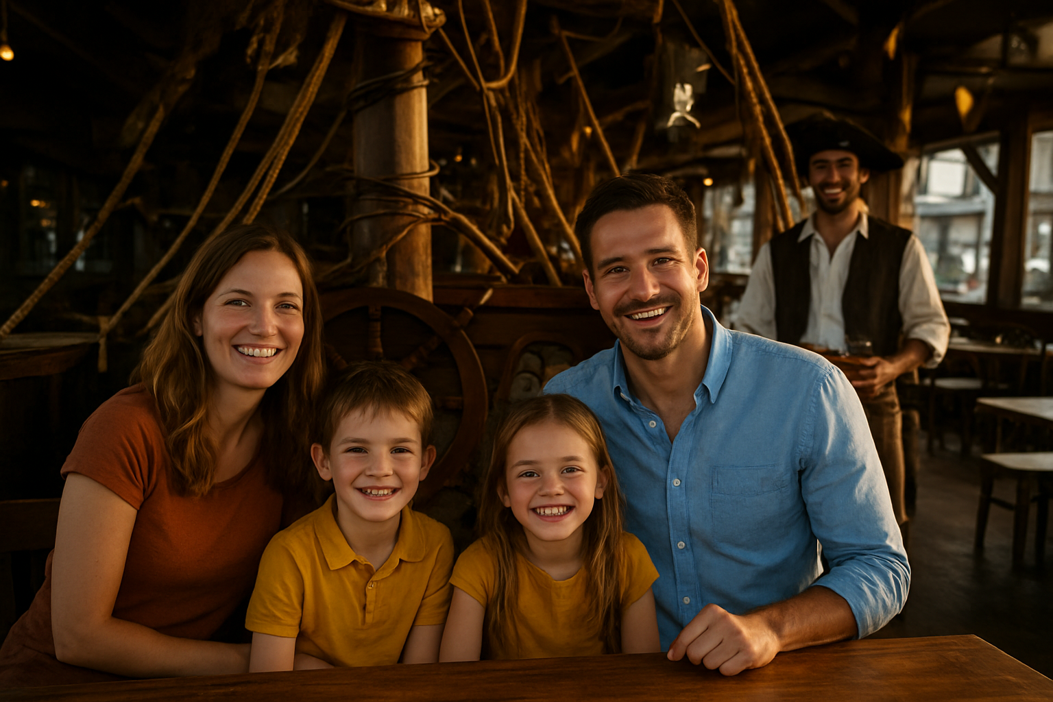 Décor pirate dans un restaurant à Toulouse avec familles et accessoires de navire